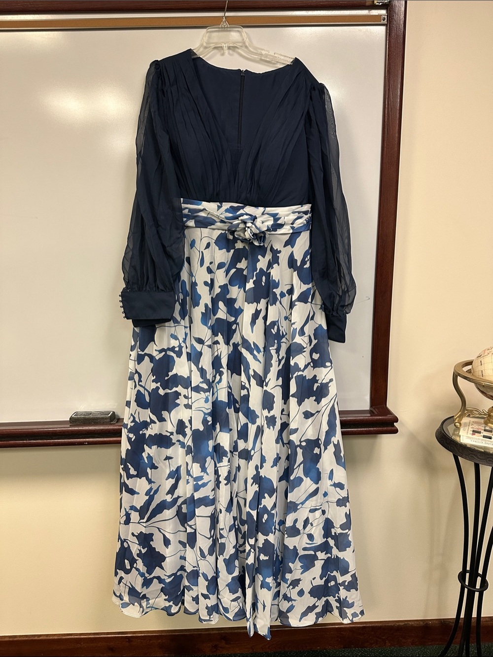 Navy and White Floral Maxi Dress with Tie Waist